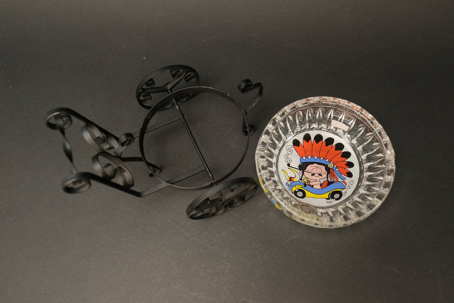 Japan Glass Ash Tray, with Iron Stand, Iron Chair, from Mon Promotion, Made in Japan