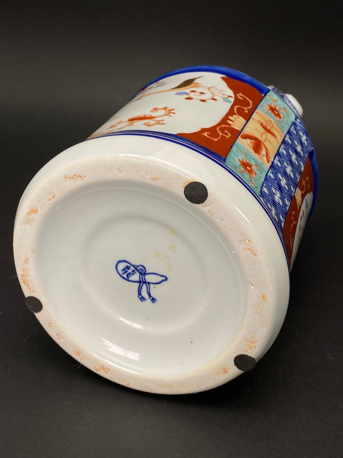 Japanese Ikebana Bucket Vase H8”, Brush Pot, Blue & White Porcelain cylinder, Gold Crane pattern hand painted