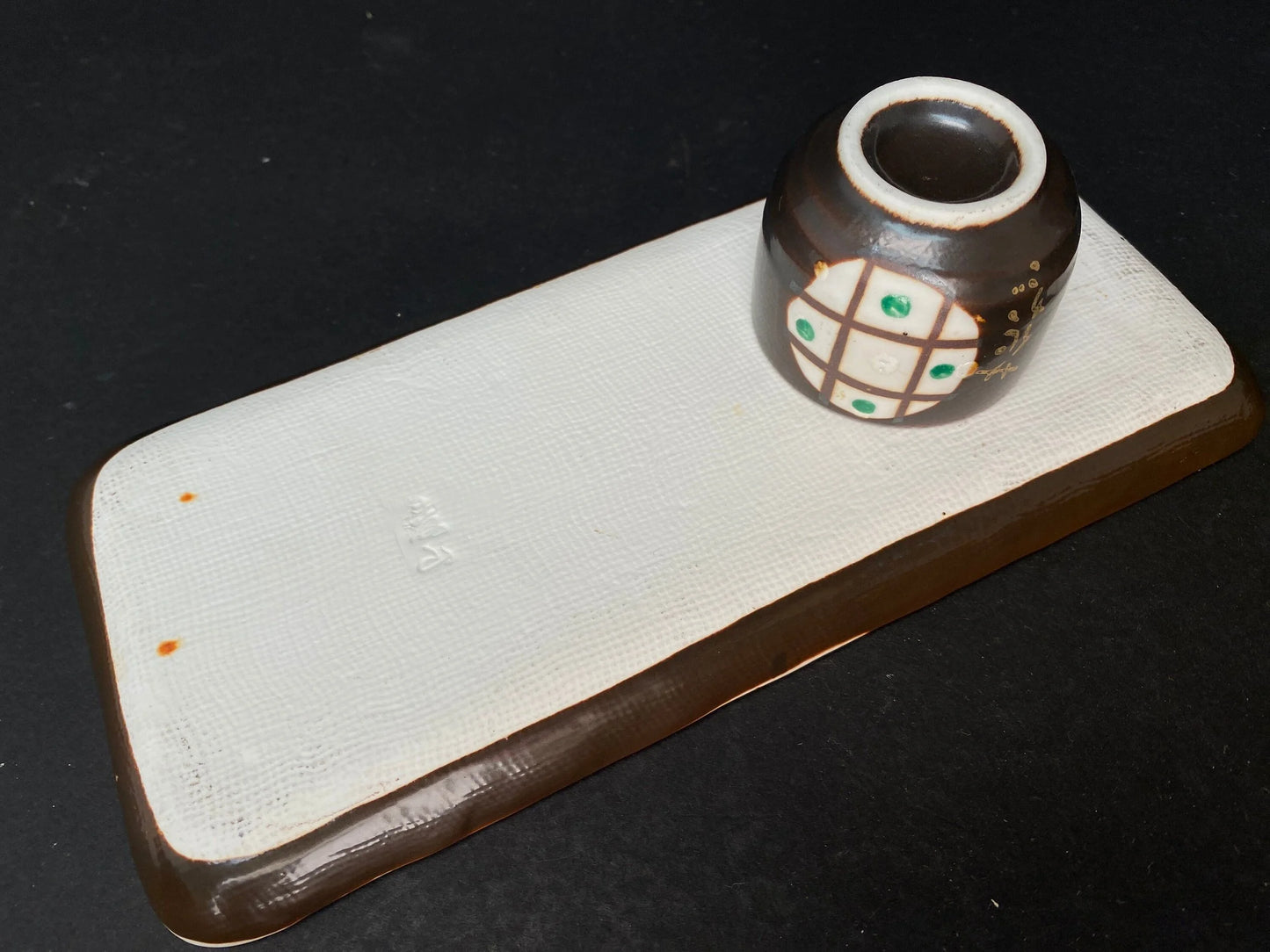 Japanese Hanakago 5pcs set, Handmade Signed, brown Lidded Pot, Bowl, Sake Cup, Plate, Sushi Tray, Japanese vintage
