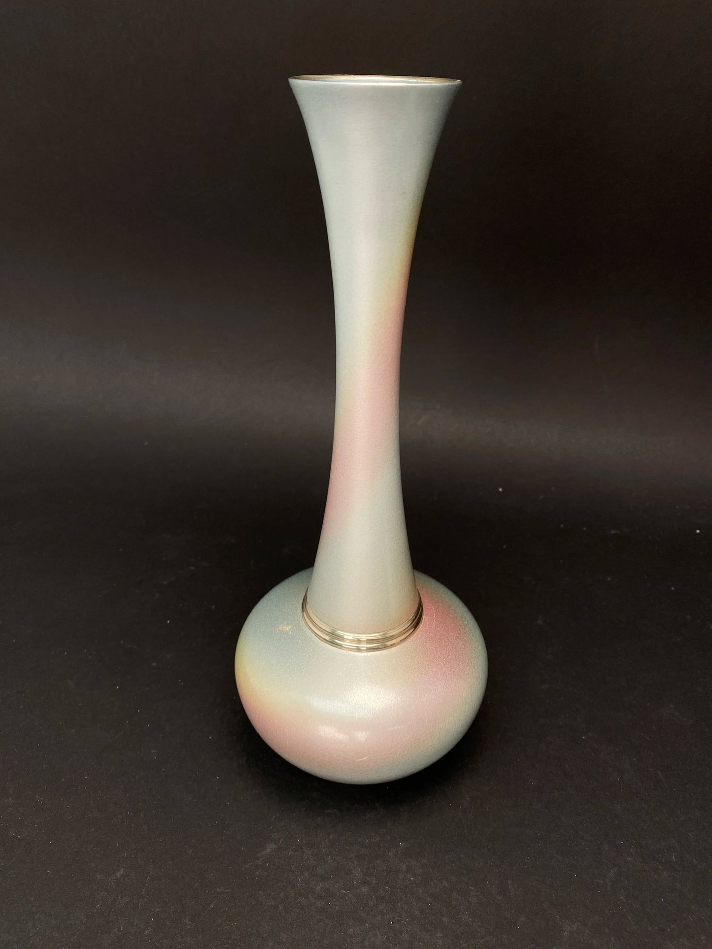 Japanese Bronze Ikebana Vase: vtg Crane Neck Pink and Blue Tachikichi table decor