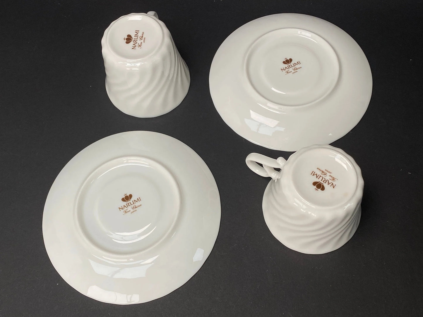 Japan Narumi PAIR Tea Cup, Coffee Cup & Saucer, with box, White porcelain set, elegant Design, Made in Japan, Vintage