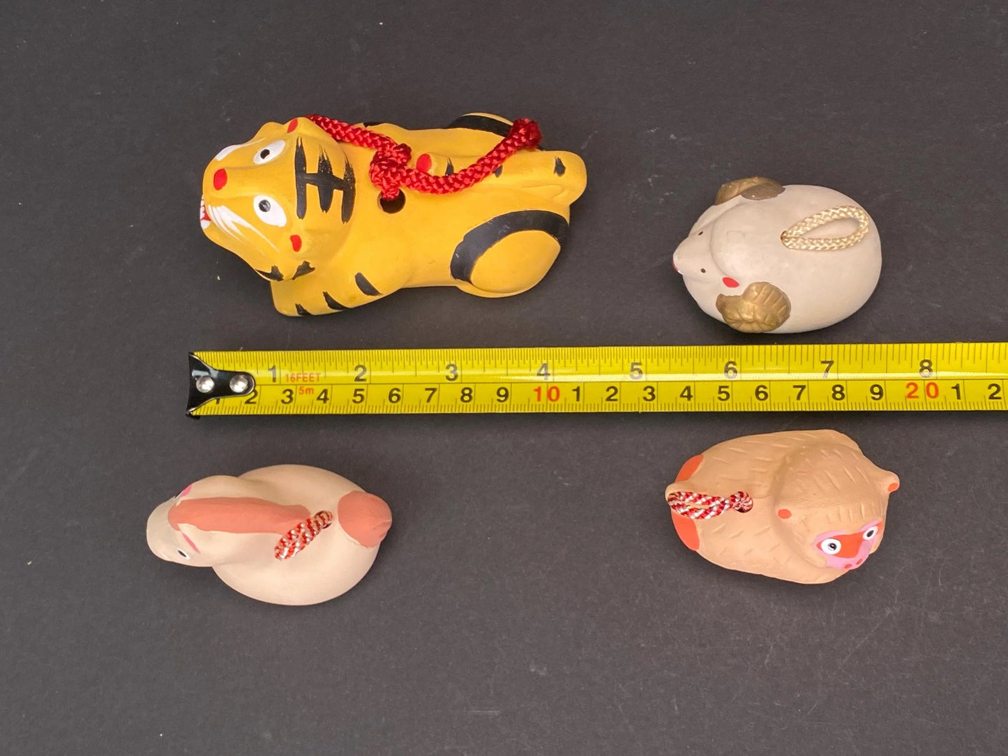 Japanese Zodiac Clay bell Figurine, Clay Doll Figure lucky charm Tiger, Sheep, Horse, & Monkey Ornament
