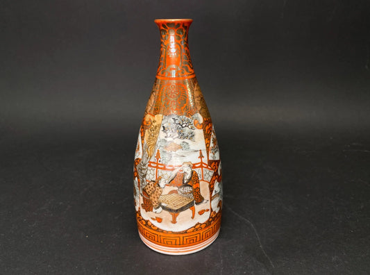 Antique Japanese Kutani Nishino Sake Bottle satsuma style Porcelain Tokkuri signed, Red & Gold Figurative collectible kutani sake bottle