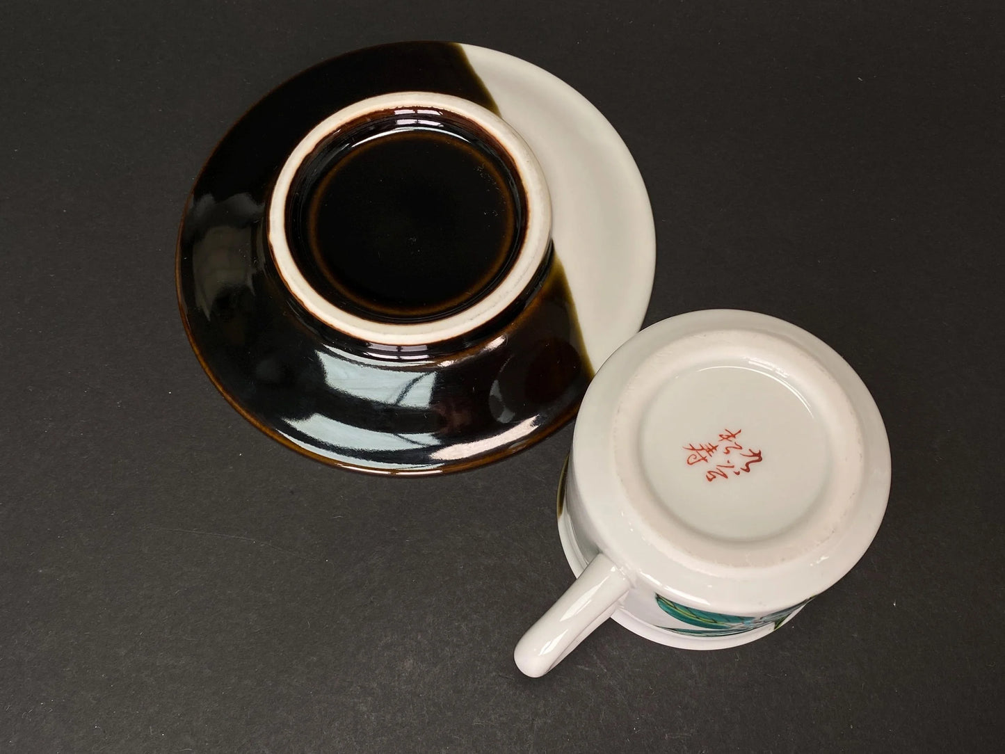 Kutani Ware Teacup Set by Juen: Mid Century Modern Japanese Porcelain, Hand Painted Hydrangea Demitasse Cup and Saucer