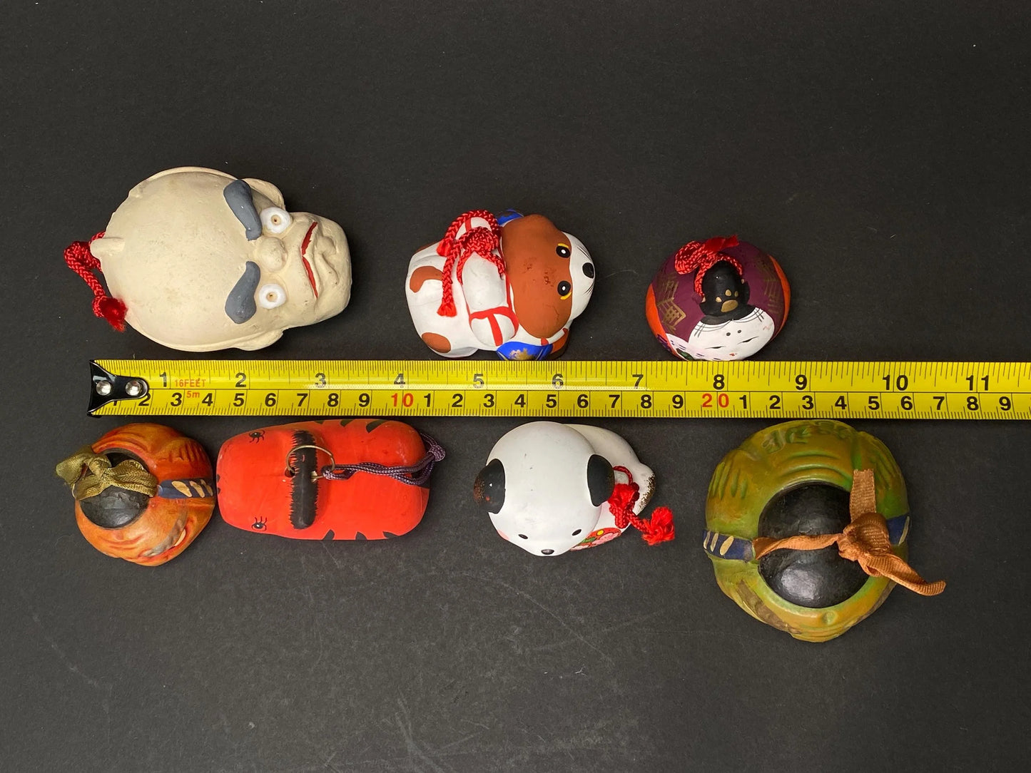 Set of 7 Vintage Japanese Clay Bells: Zodiac Animals Lucky Cat Daruma and Folk Masks, Rustic Mingei Pottery Dorei Collection, Wabi Sabi
