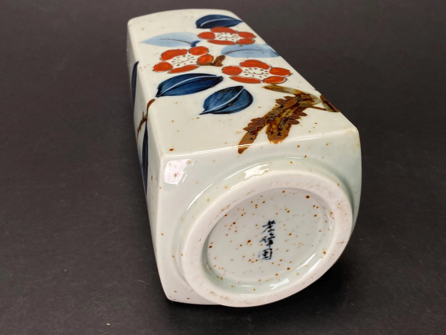 Japanese Camellia Vase Signed Kouhouen: Rectangular Pottery 8.5", Red Tsubaki Flower & Blue Leaf, Ikebana Vase Decor