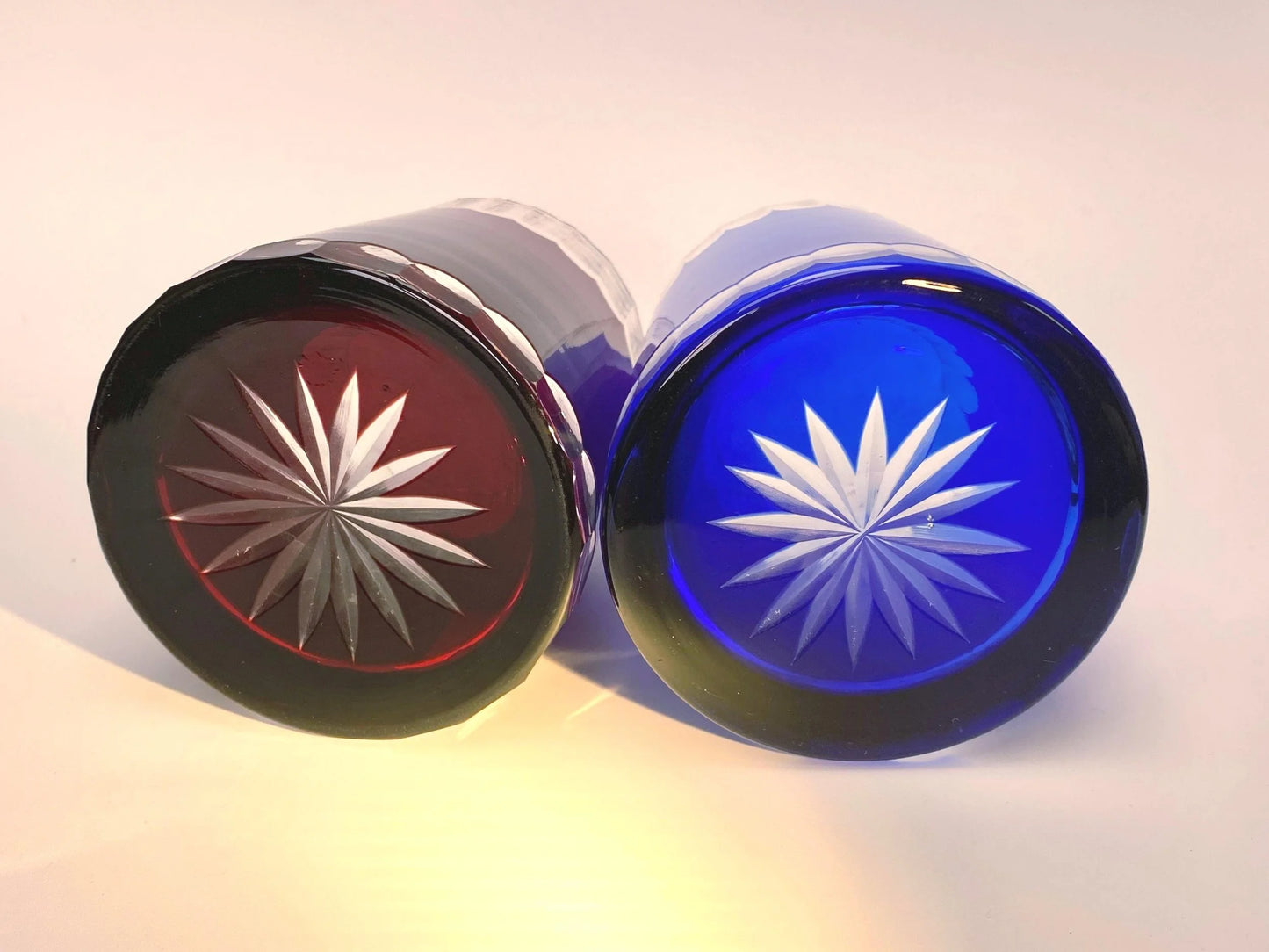 Mt. Fuji Kiriko Crystal Glass PAIR, Japanese vintage Hand Cut Crystal Tumblers, Red & Blue Fuji Edo Kiriko, Old Fashioned Whiskey Glasses