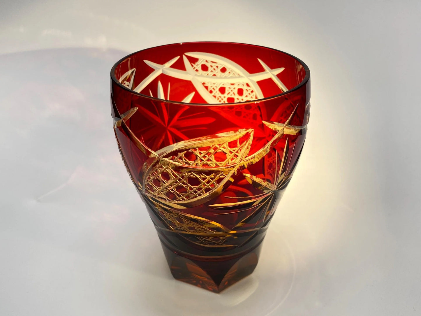 Hand cut Edo Kiriko Crystal Cup from Toyo Sasaki Red Ayaka,Japanese Vintage Edo Kiriko Red Whisky Glass, Original Box, Mint