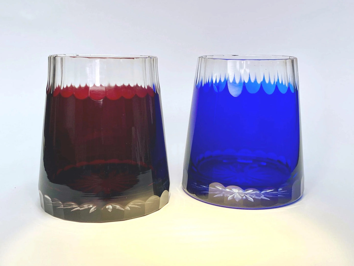Edo Kiriko Mt Fuji Cut Glass Tumbler Pair Red Blue