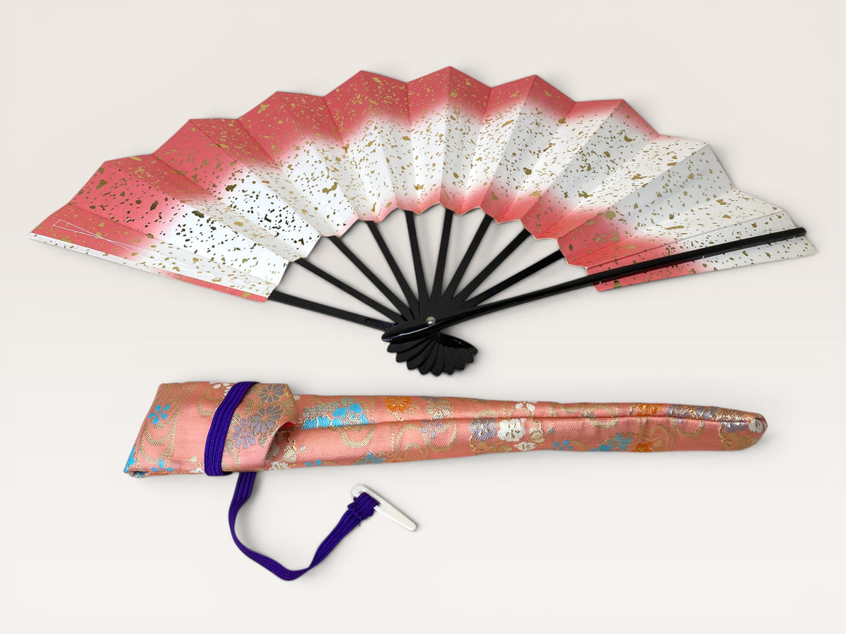 Option C: Vintage Japanese folding fan with gold surface and blue river pattern beside a red crane patterned carry bag.