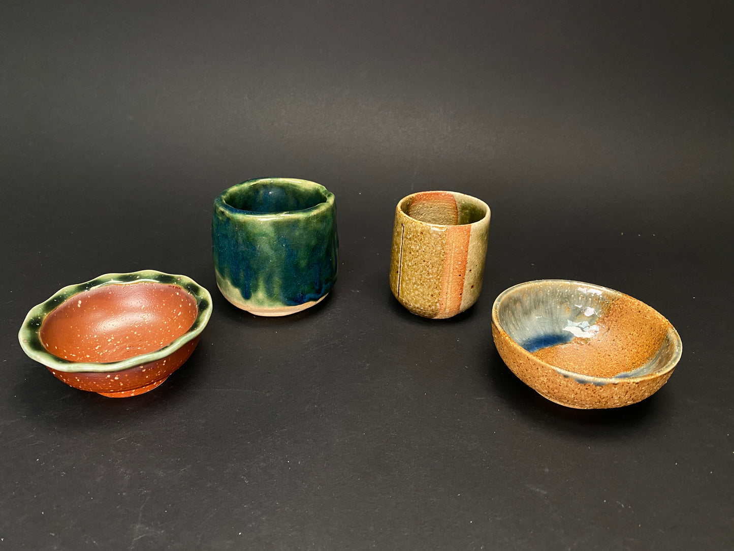 Vintage Japanese Pottery Collection: 4 Styles of Wabi Sabi Sake Cups & Small Bowls, Handmade Studio Ceramic for Zen Decor