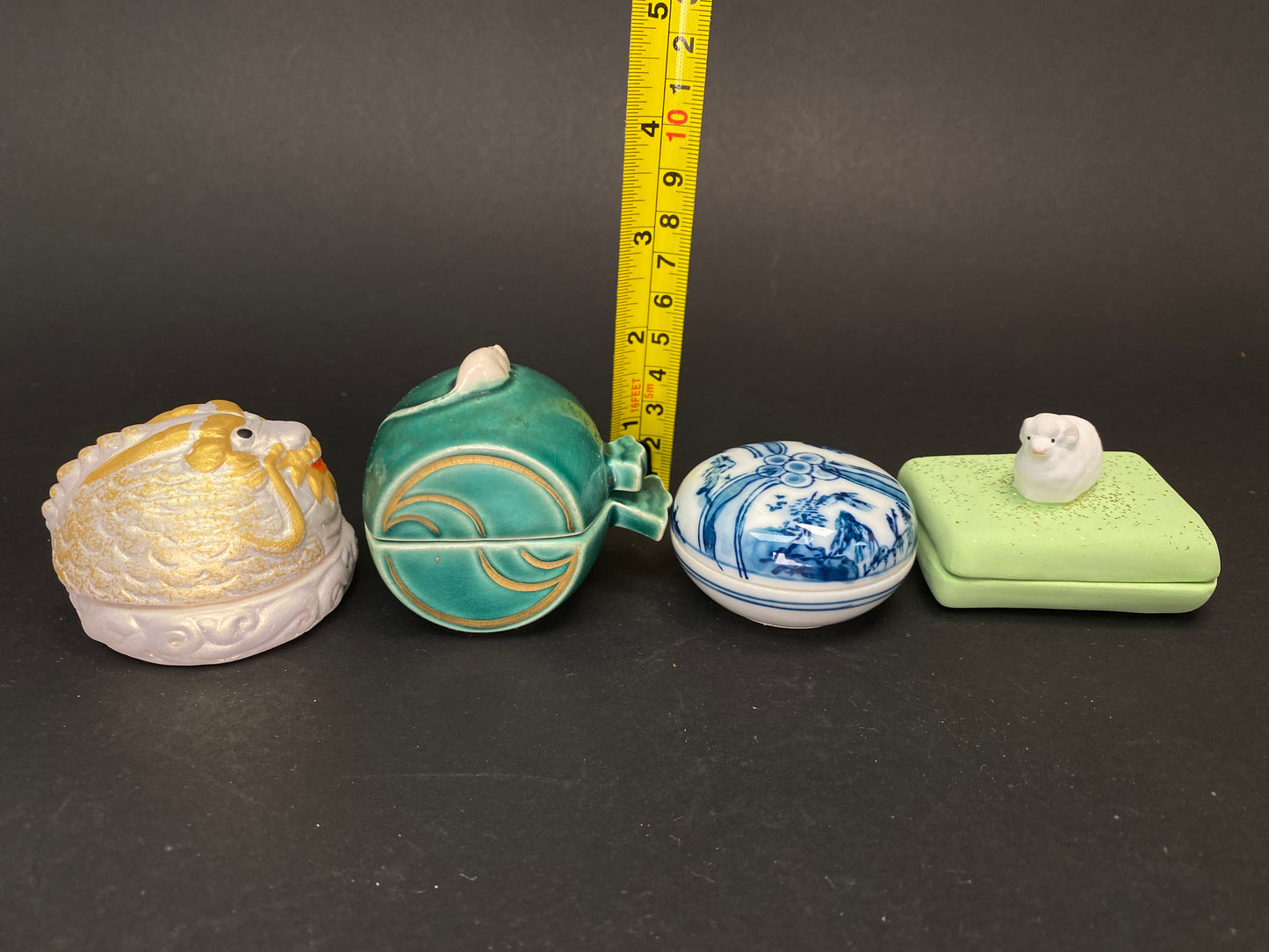 Vintage Japanese Kogo Box, Rare Japanese Tea Ceremony Incense Container, Handcrafted Ceramic Kogo Lot, Eto Zodiac Sign Dragon Sheep Rat