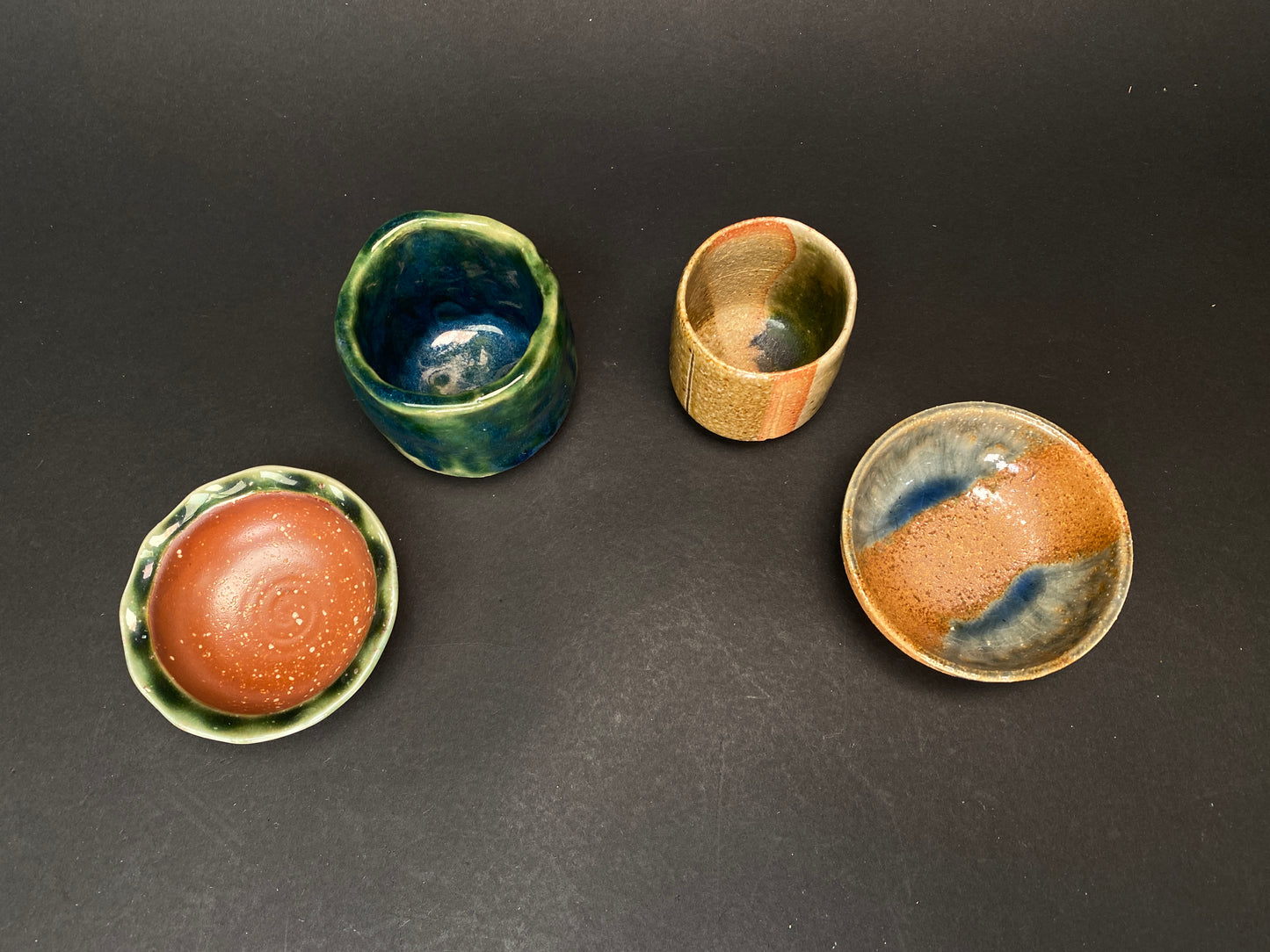 Vintage Japanese Pottery Collection: 4 Styles of Wabi Sabi Sake Cups & Small Bowls, Handmade Studio Ceramic for Zen Decor