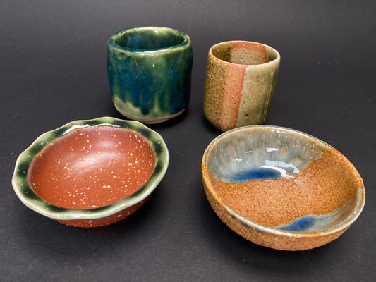 Vintage Japanese Pottery Collection: 4 Styles of Wabi Sabi Sake Cups & Small Bowls, Handmade Studio Ceramic for Zen Decor