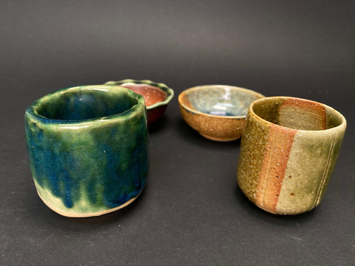 Vintage Japanese Pottery Collection: 4 Styles of Wabi Sabi Sake Cups & Small Bowls, Handmade Studio Ceramic for Zen Decor