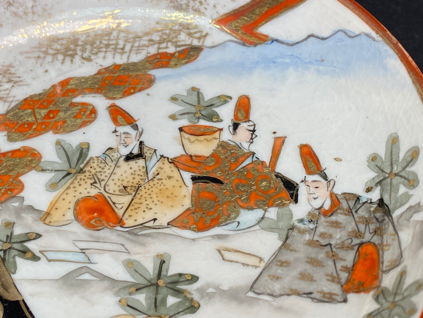 Antique Kutani Ware Plates Meiji Period: Japanese Porcelain Hand Painted Sauce Dish with Gilt Accents
