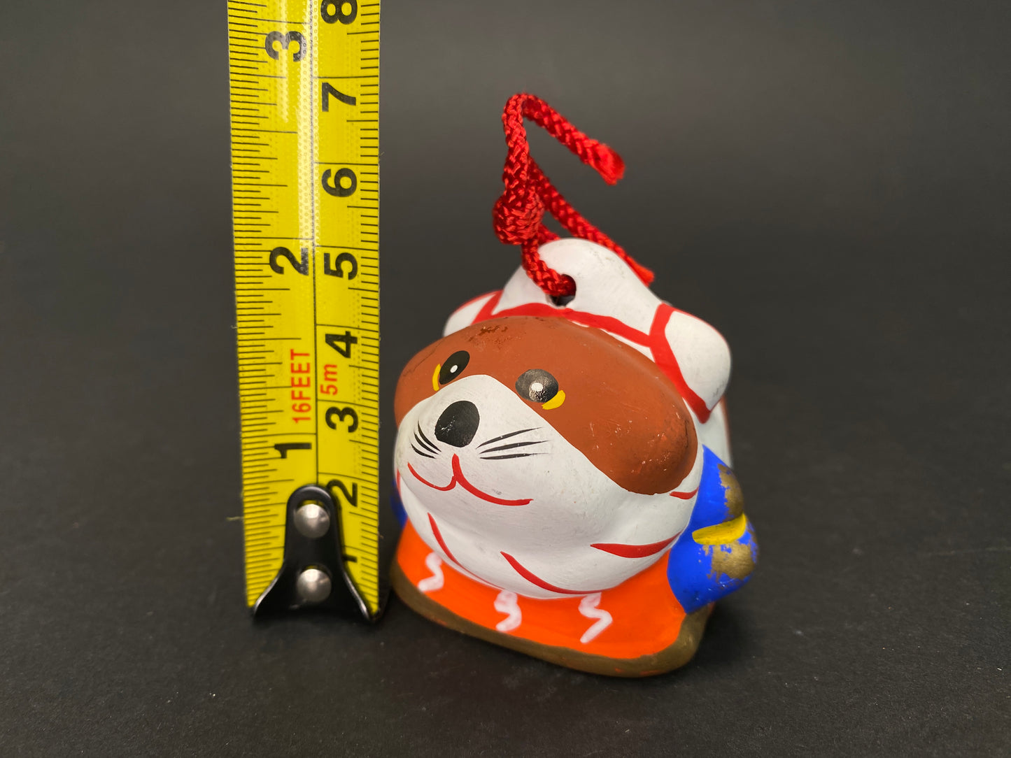 Set of 7 Vintage Japanese Clay Bells: Zodiac Animals Lucky Cat Daruma and Folk Masks, Rustic Mingei Pottery Dorei Collection, Wabi Sabi