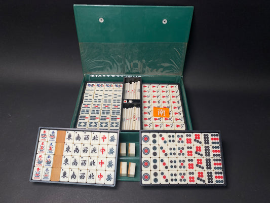 Vintage Japanese mahjong set in dark green hinged portable case