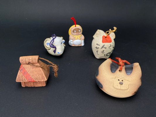 Japanese Clay Bell, Vintage Dorei, Handmade Ceramic Cat, House, Racoon, Zodiac Horse, hanging ornament decor
