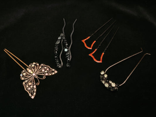 Japanese Kanzashi Kimono Hair Pins Ornaments 4 Styles: Butterfly, Beaded, Lacquer Rhinestone U Shaped Hair Forks  Kimono Accessory