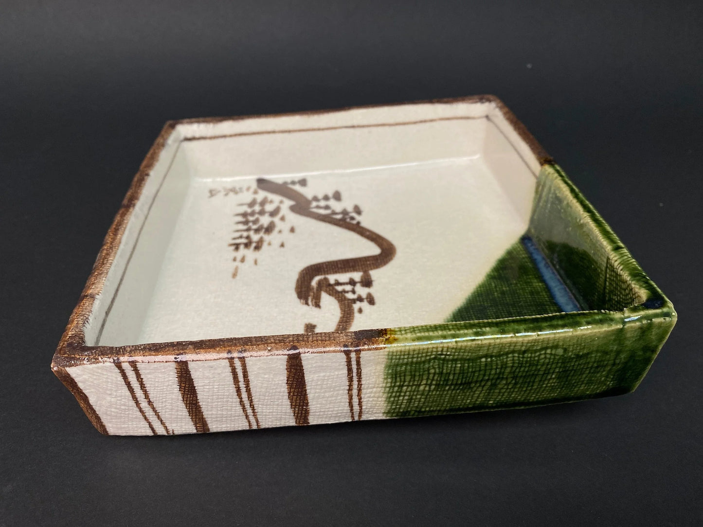 Oribe yaki ware Ceramic Square Dish, Japanese W7.25" Plate, Bowl by Tamura Ei sando, mountain landscape Design