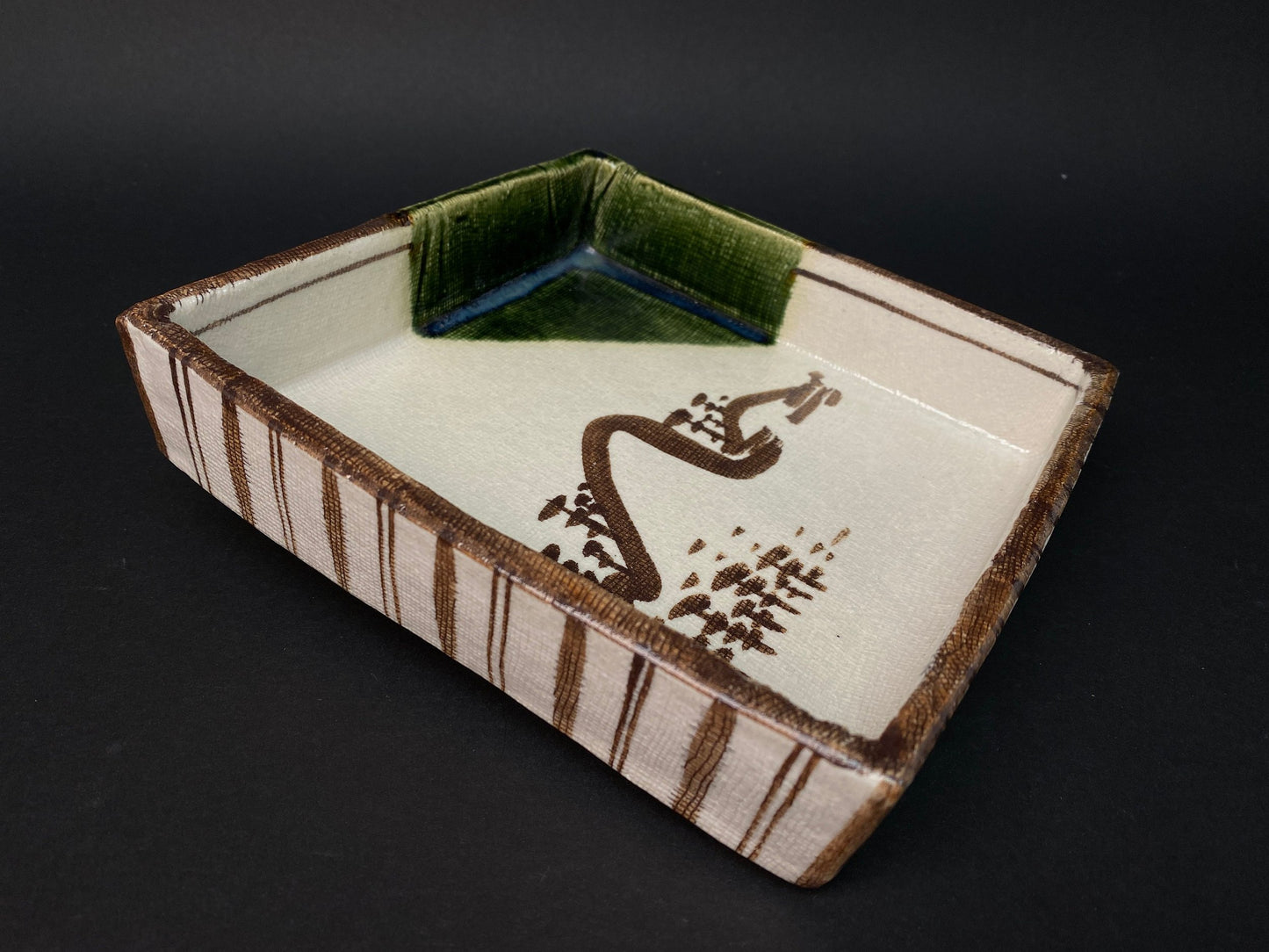 Oribe yaki ware Ceramic Square Dish, Japanese W7.25" Plate, Bowl by Tamura Ei sando, mountain landscape Design