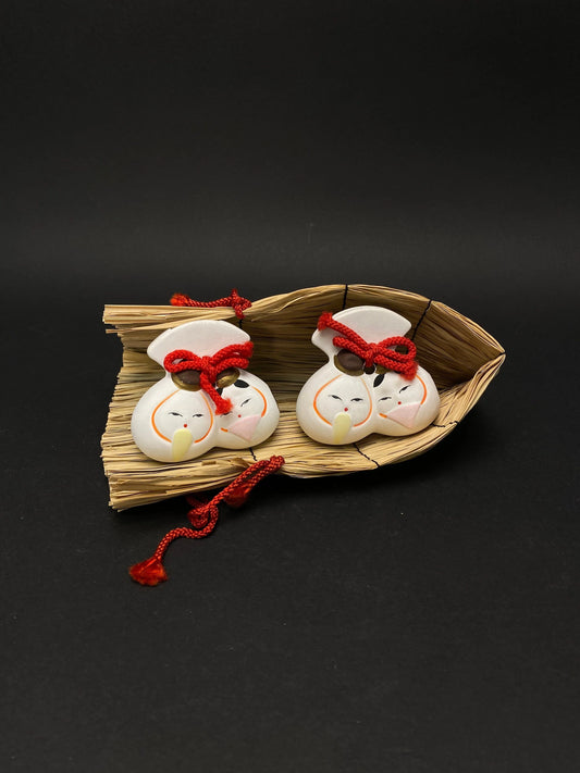 Japanese Dorei Clay BELL, Two Hina Doll Bells, Cute Couple Ceramic, White with cover ornament
