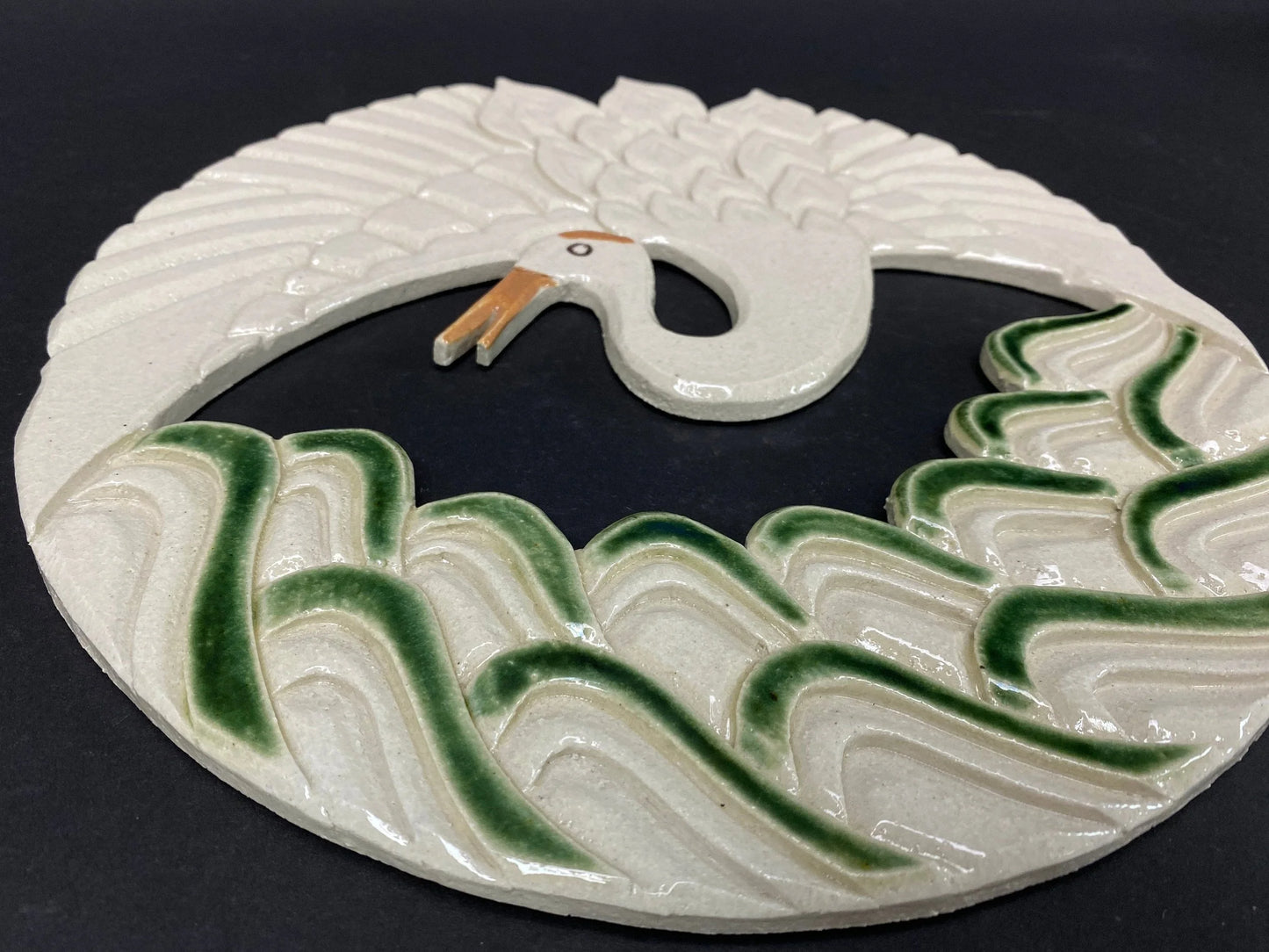 Japanese Hanging Platter with wooden gift box,  Flying Crane Trinket, Hand Engraving by Artiest Rogetsu, Large Round Art Pottery plate