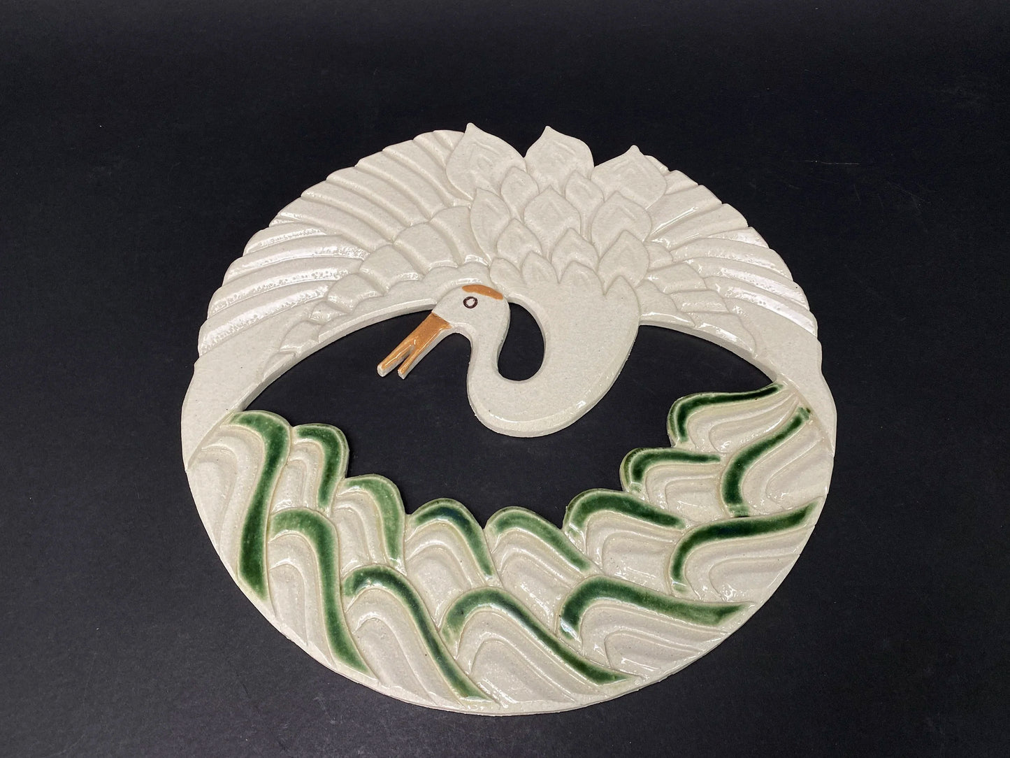 Japanese Hanging Platter with wooden gift box,  Flying Crane Trinket, Hand Engraving by Artiest Rogetsu, Large Round Art Pottery plate