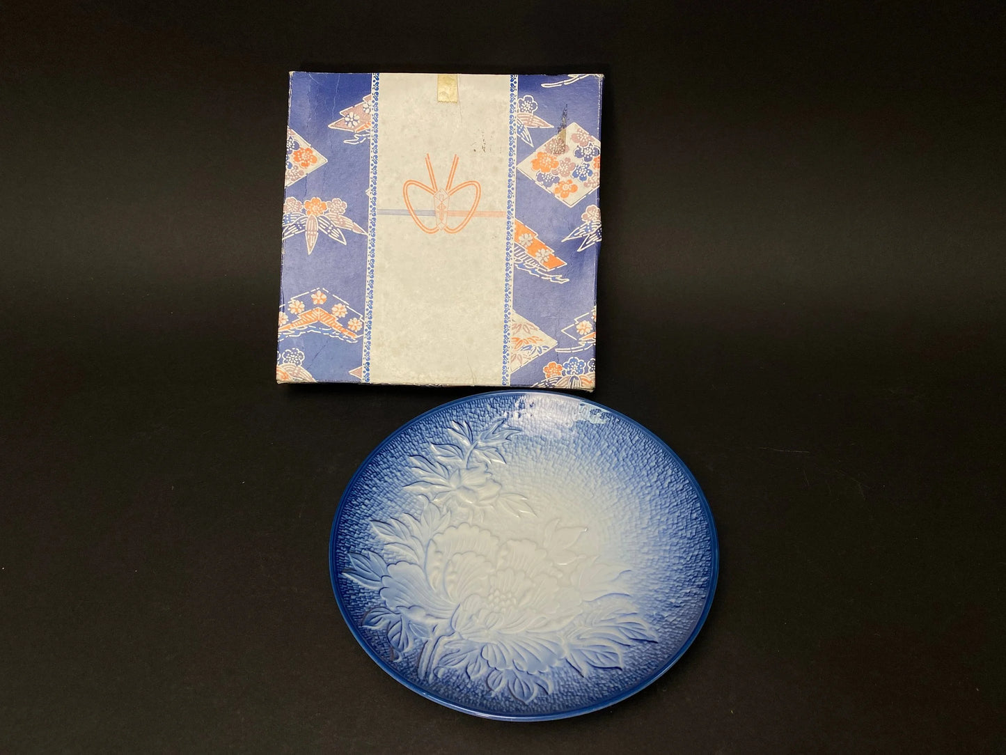 Arita Ware Embossed Peony Plate Blue and White