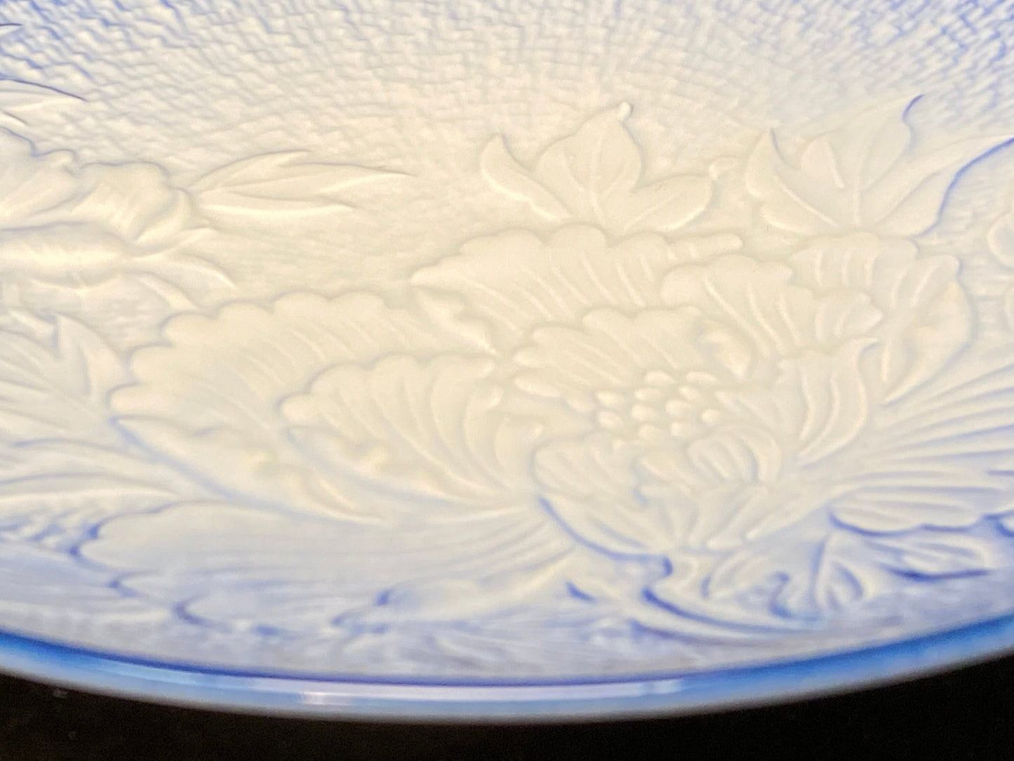 Arita Ware Embossed Peony Plate Blue and White
