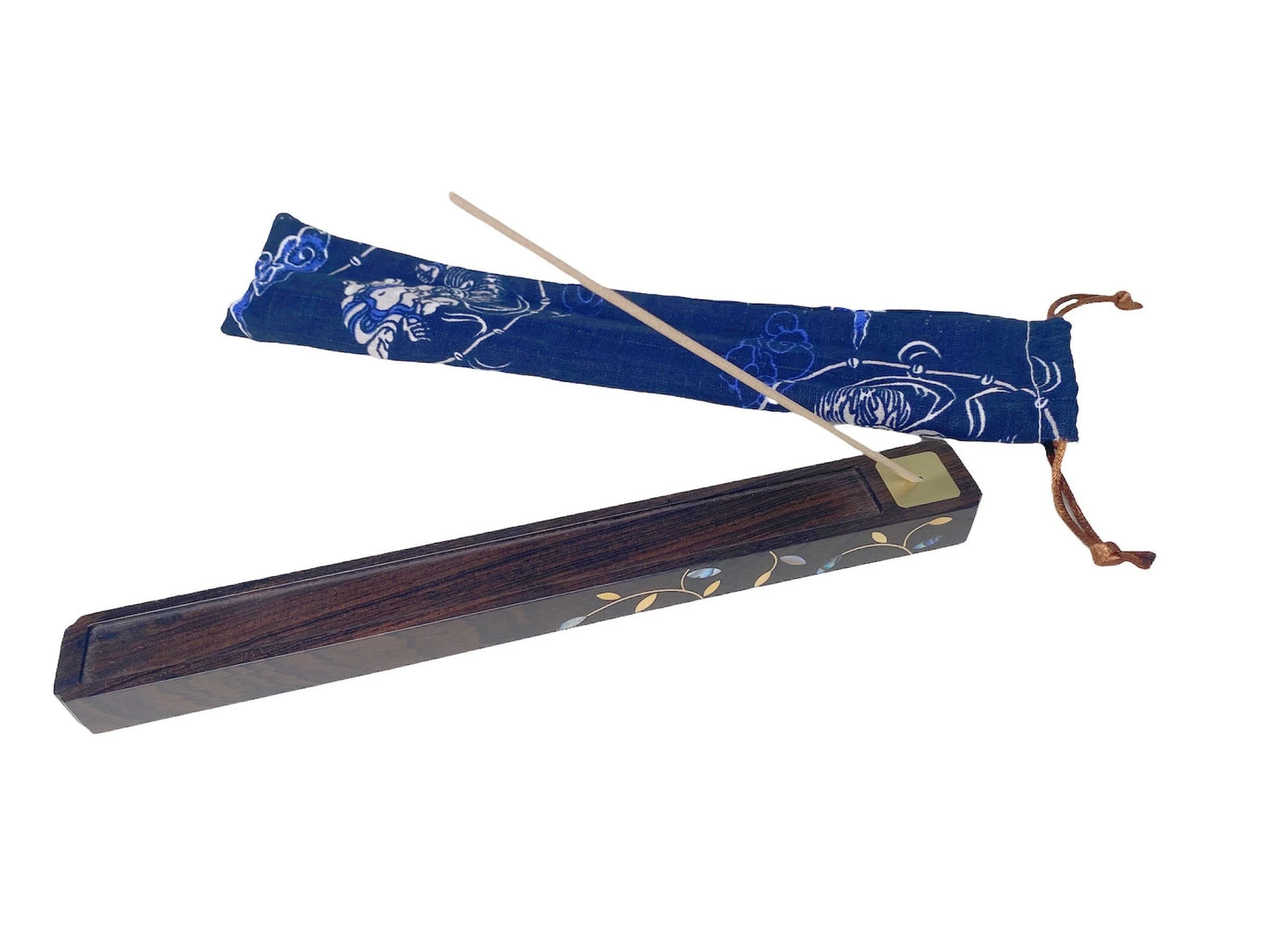 Portable Sandalwood Handmade Incense Burner，incense Stand, Box w/mother of pearl decor 9”L Include Storage Bag & Incense Tester