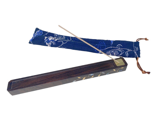 Portable Sandalwood Handmade Incense Burner，incense Stand, Box w/mother of pearl decor 9”L Include Storage Bag & Incense Tester