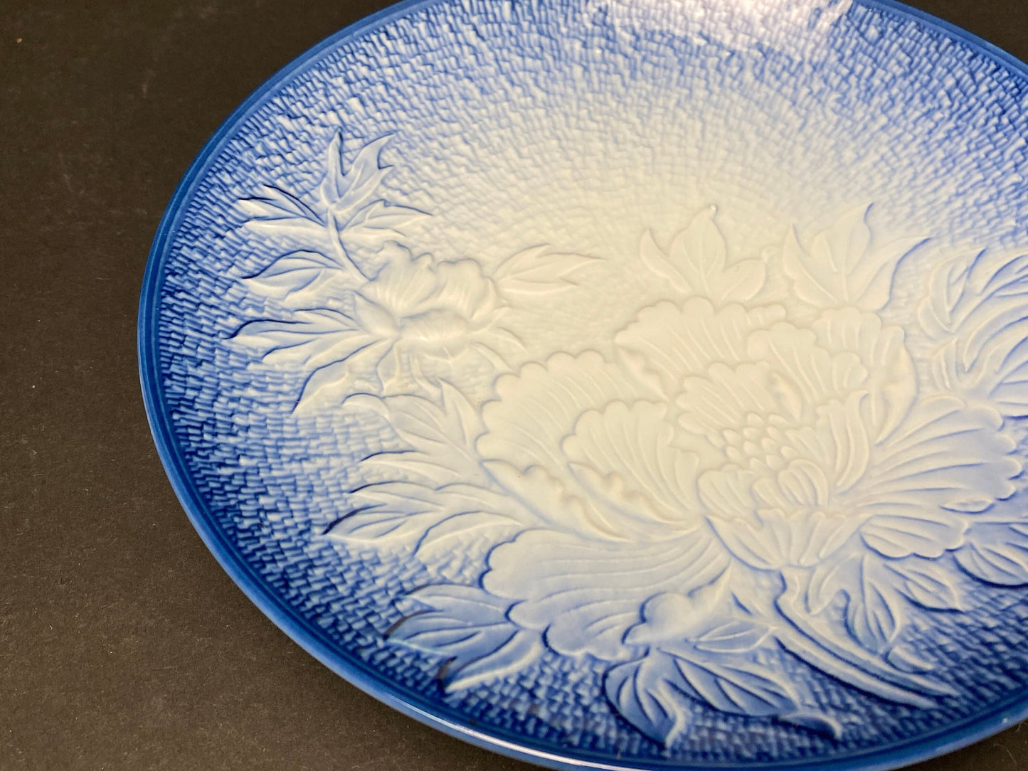 Arita Ware Embossed Peony Plate Blue and White