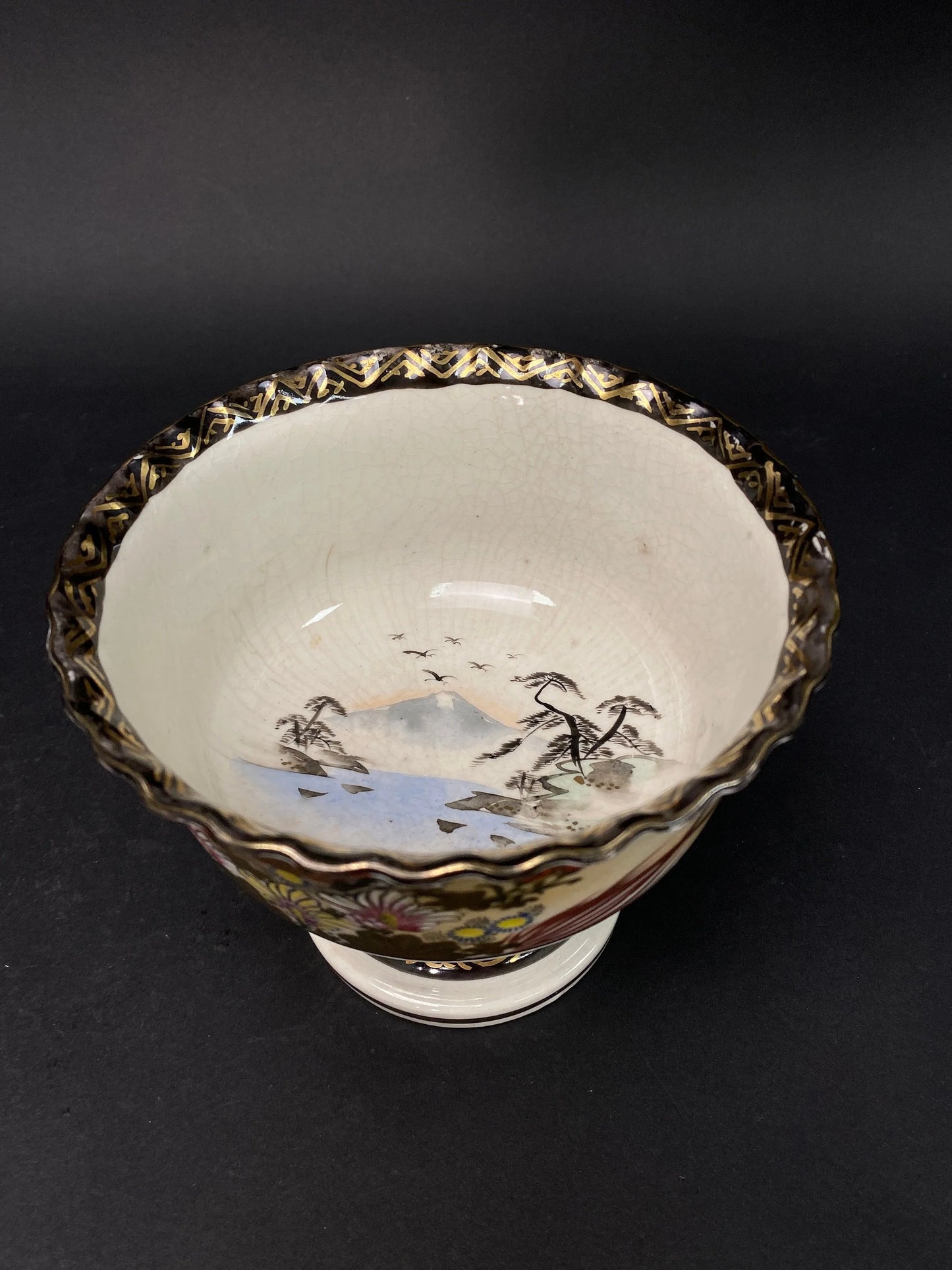 Old Kutani yaki ware Compote bowl, Dia 6.25" ruffled rim Ikebana Vase, Flower Arrangrment Container, Japanese Vintage, Made in Japan