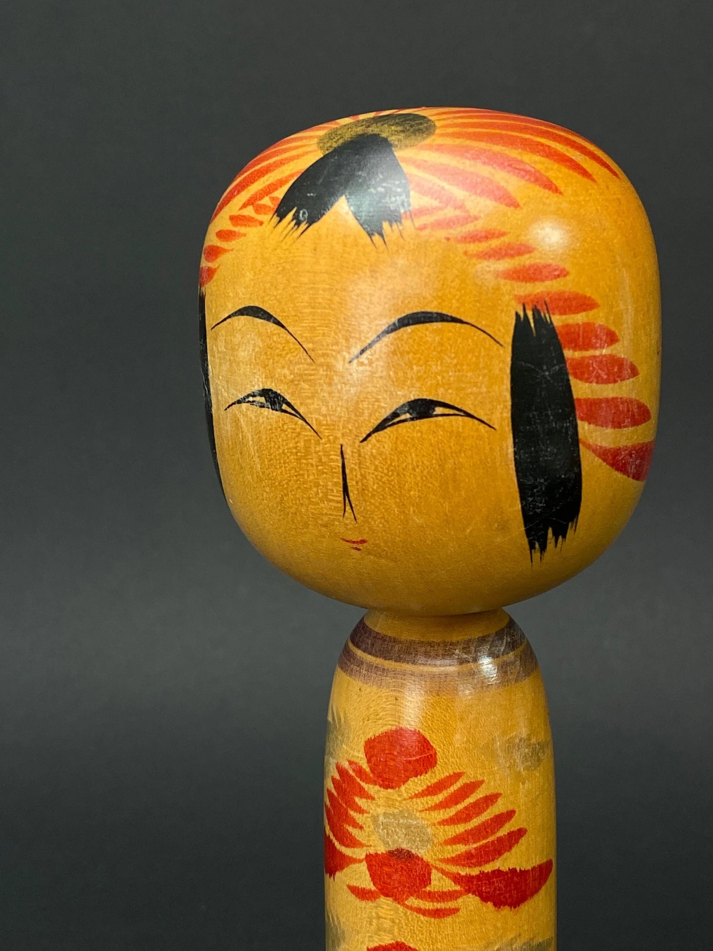 Japanese Yajiro Kokeshi Wooden Doll Signed H9.3"Girl Big Sister red Ume Kimono, Made in Japan