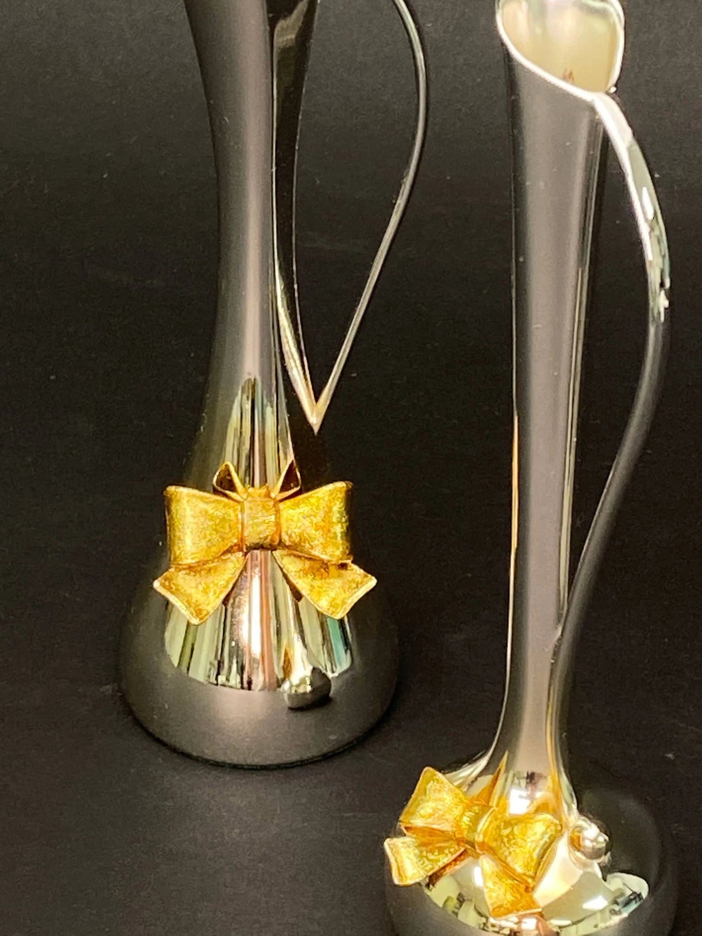 Vintage Bronze Ikebana Vases: Gold Ribbon Inlay, Pair