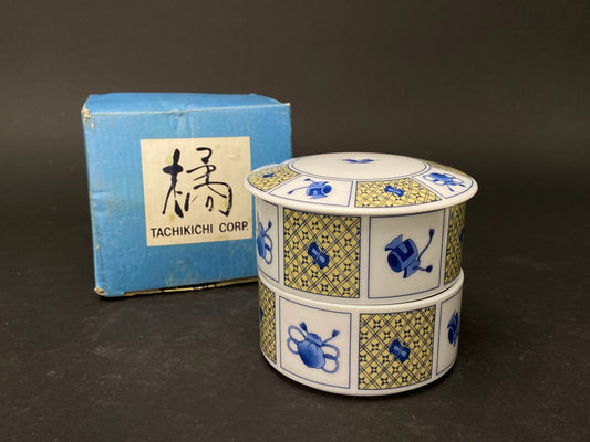 Nippon TACHIKICHI 2 layers Container, Japanese treasure blessing lucky Candy box W4"w/box, porcelain