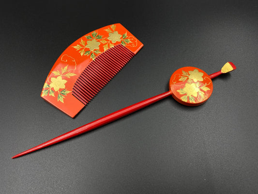 Maiko Geisha Hair Accessories Set,  Japanese wood red Comb & Hair Stick, Red , Gold, Bride Kanzashi, Kimono Tama.