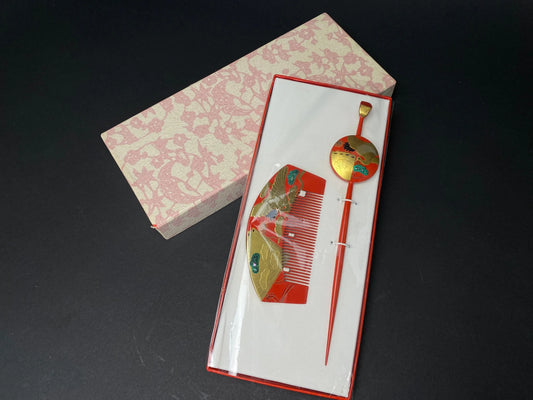 Japanese Maiko Geisha Hair Accessories Set of 2 Comb & Hair Stick, Red and Gold, Bride Kanzashi, Kimono Tama w/box