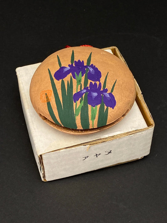 Japanese Iris Ensata hanging Clay Bell 2.8" w/original box Purple&Brown, Open box Clay Bell, Floral Pattern