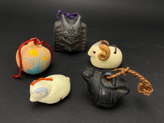 Japanese Clay Bell Vtg Dorei, Ceramic Doll, Iron hand Bell, Zodiac Animal, Ceramic Dorei, Holiday ornament