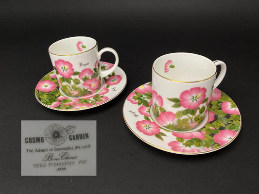 Vintage Bone China Coffee Cup Set: Cosmo Garden Floral Cafe Set, Made in Japan