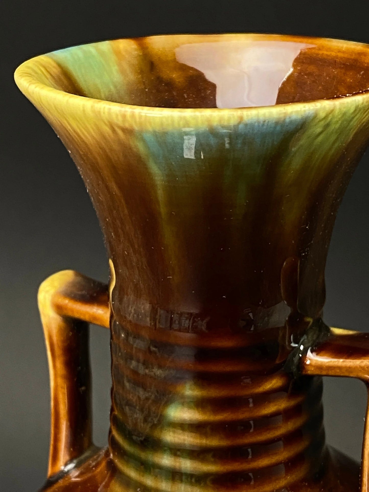 Vintage Japanese Sancai Vase with Box: Green Amber Drip Glaze Pottery, Signed Art Ceramic, Rustic Home Decor, Ikebana Flower Vessel