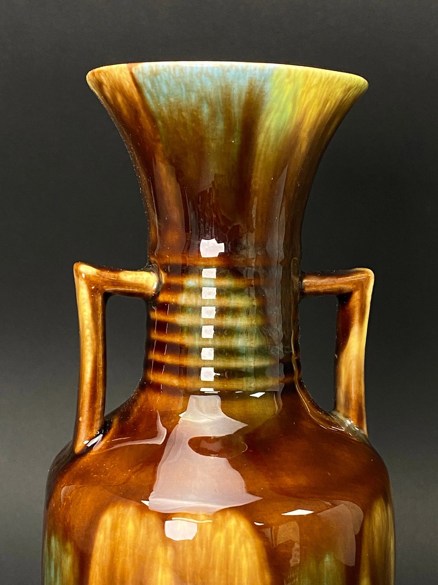 Vintage Japanese Sancai Vase with Box: Green Amber Drip Glaze Pottery, Signed Art Ceramic, Rustic Home Decor, Ikebana Flower Vessel