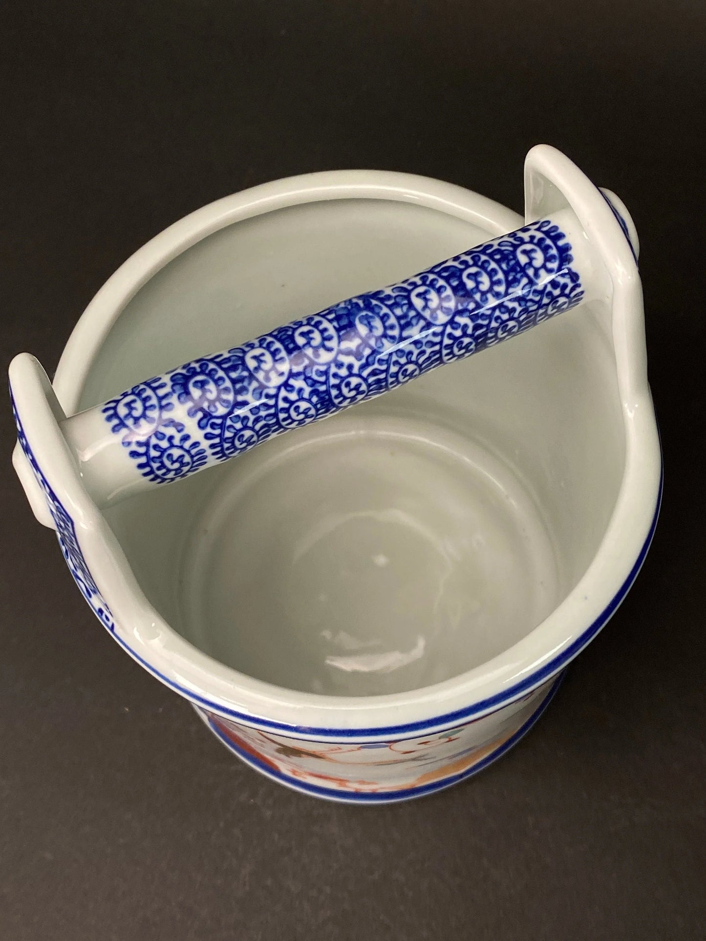 Japanese Ikebana Bucket Vase H8”, Brush Pot, Blue & White Porcelain cylinder, Gold Crane pattern hand painted