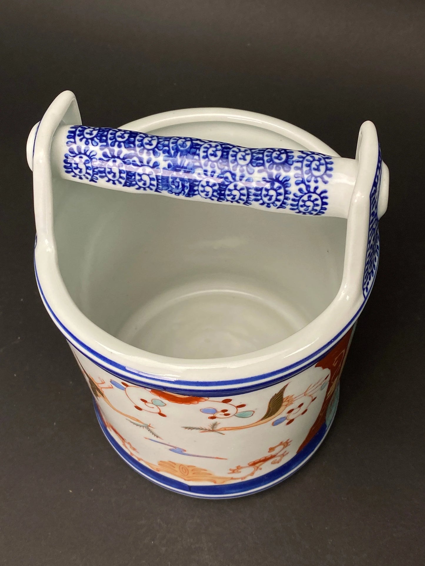 Japanese Ikebana Bucket Vase H8”, Brush Pot, Blue & White Porcelain cylinder, Gold Crane pattern hand painted