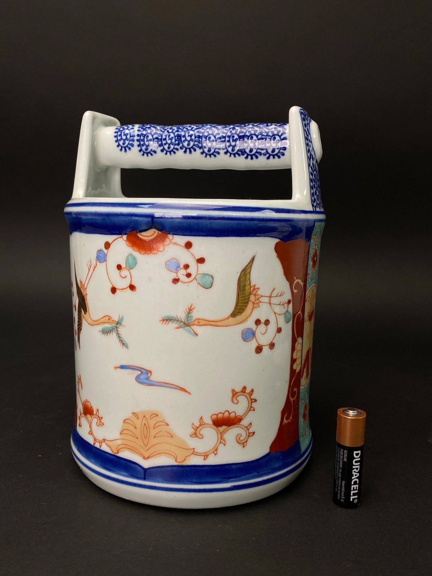 Japanese Ikebana Bucket Vase H8”, Brush Pot, Blue & White Porcelain cylinder, Gold Crane pattern hand painted