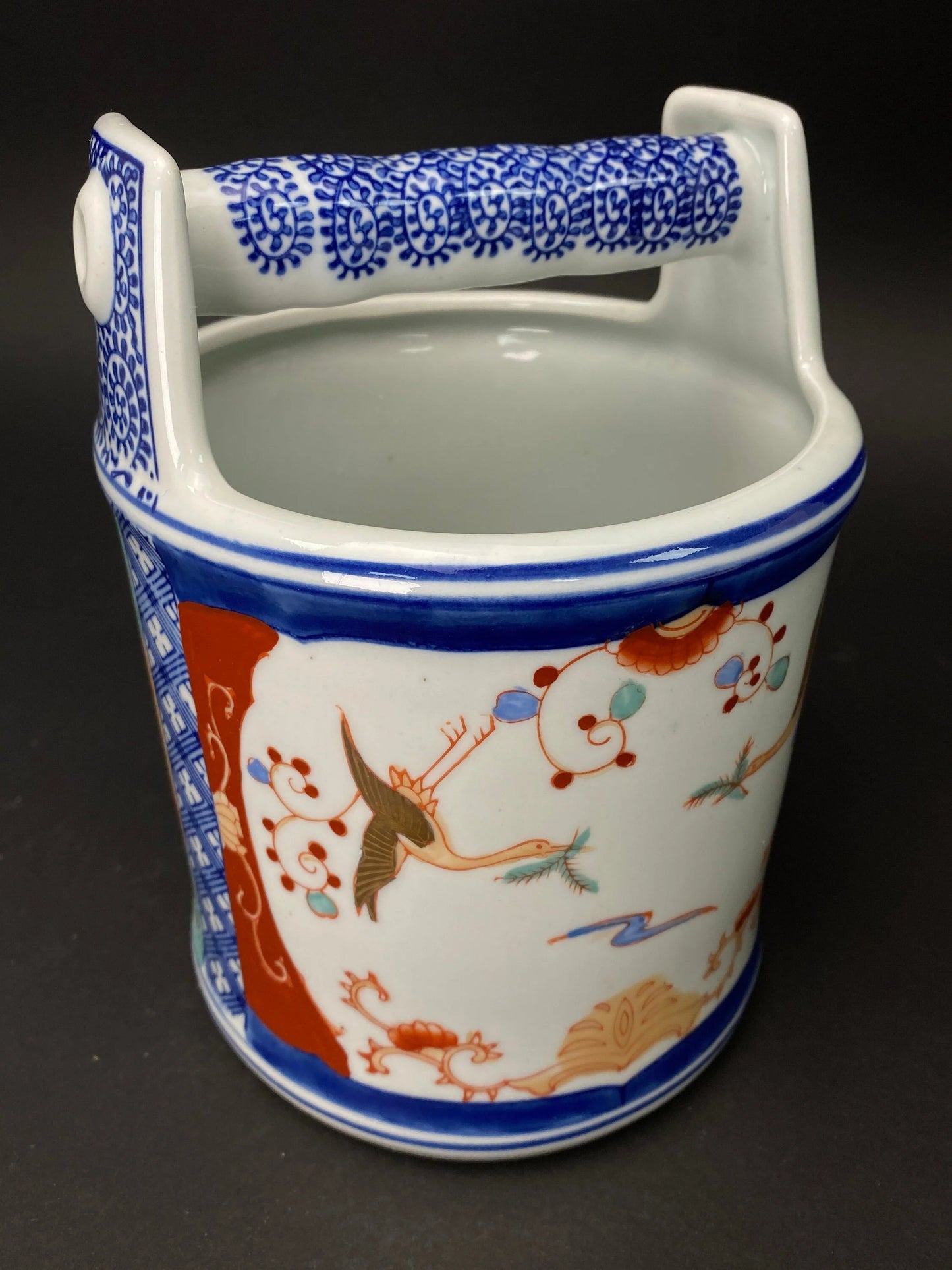 Japanese Ikebana Bucket Vase H8”, Brush Pot, Blue & White Porcelain cylinder, Gold Crane pattern hand painted
