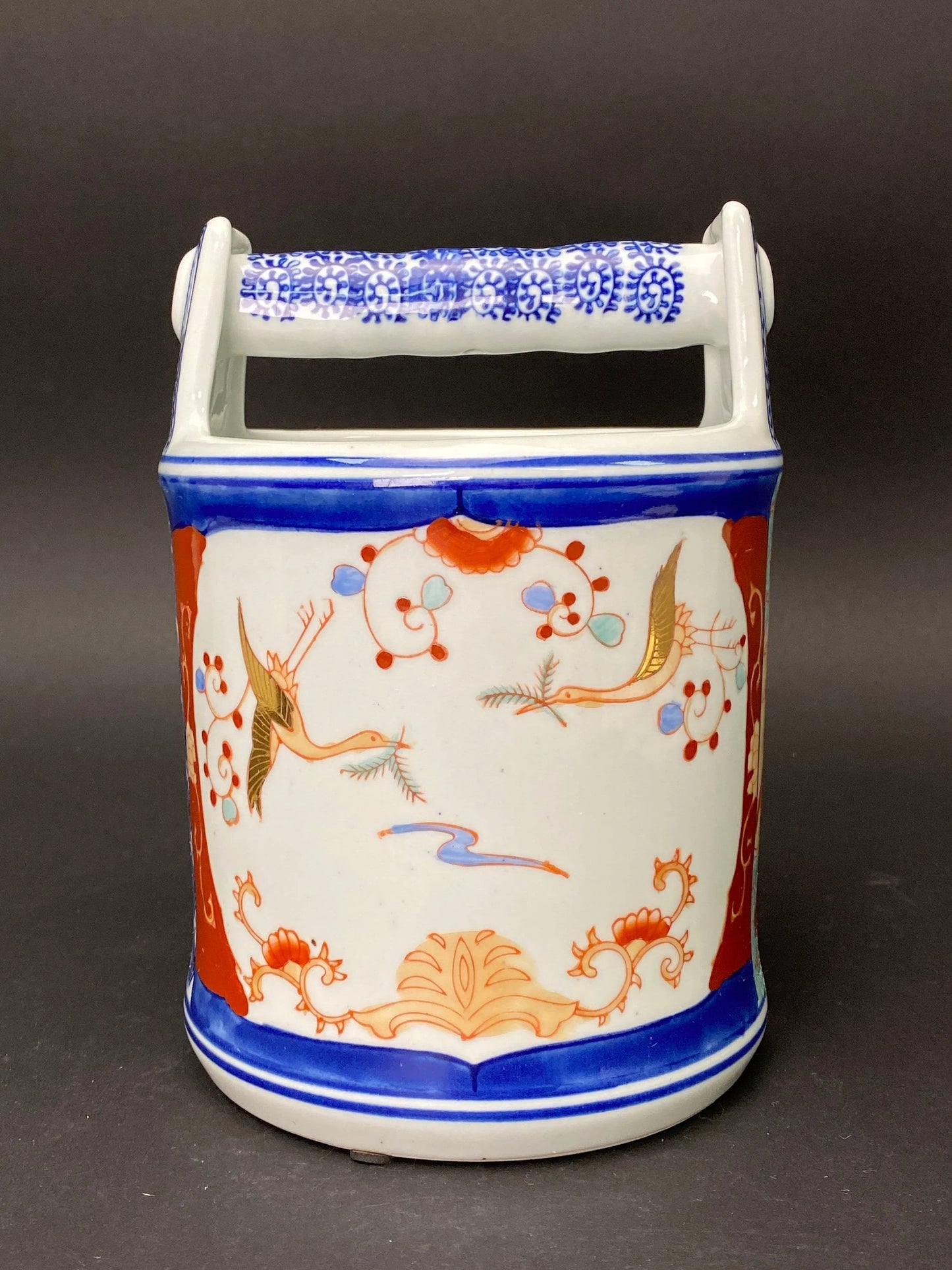 Japanese Ikebana Bucket Vase H8”, Brush Pot, Blue & White Porcelain cylinder, Gold Crane pattern hand painted